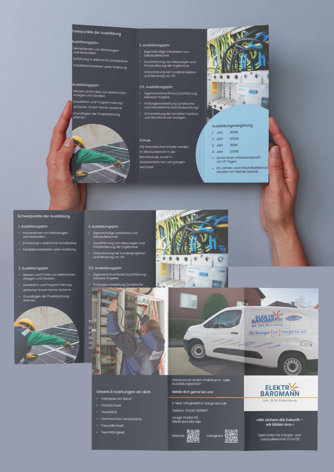 Dieses Bild zeigt den Flyer für die Firma Elektro Bargmann Inhaber Dirk Papenburg. Dieser wurde zum Zeck einer Schulmesse gestaltet um Auszubildene zu werben.
